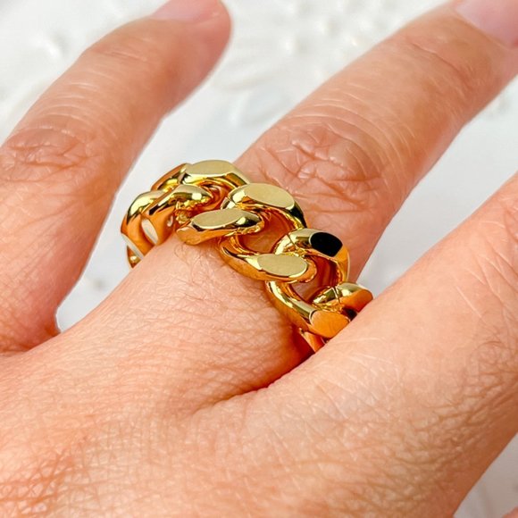 Gold Plated Cuban Chain Ring Gold Trendy Big Ring Size 7 - Picture 3 of 10